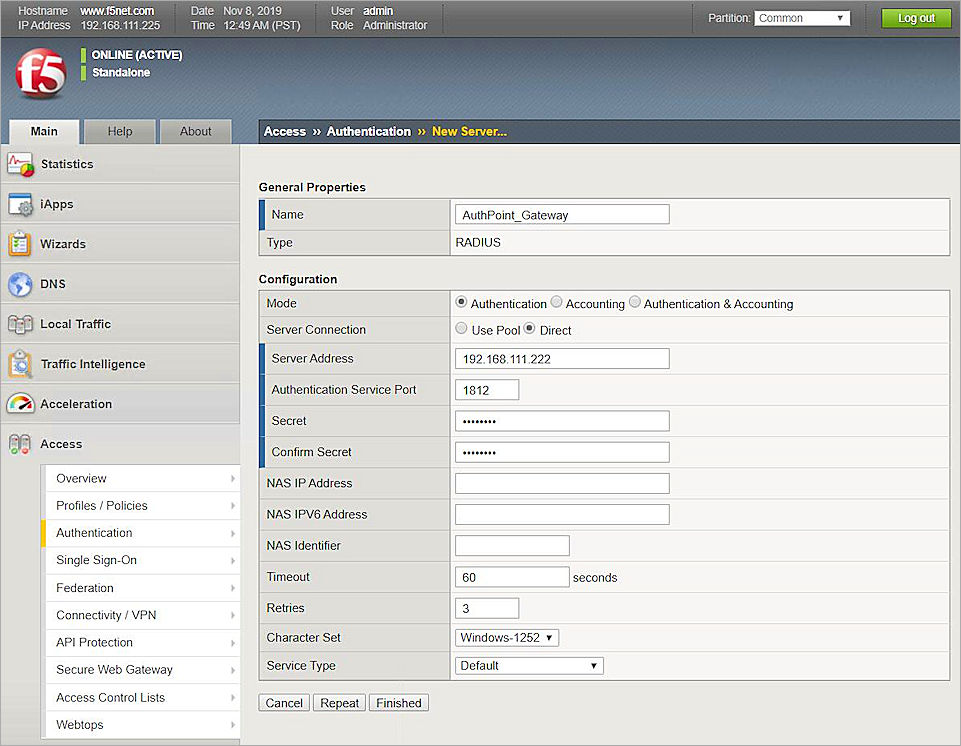 F5 BIGIP APM RADIUS Integration with AuthPoint